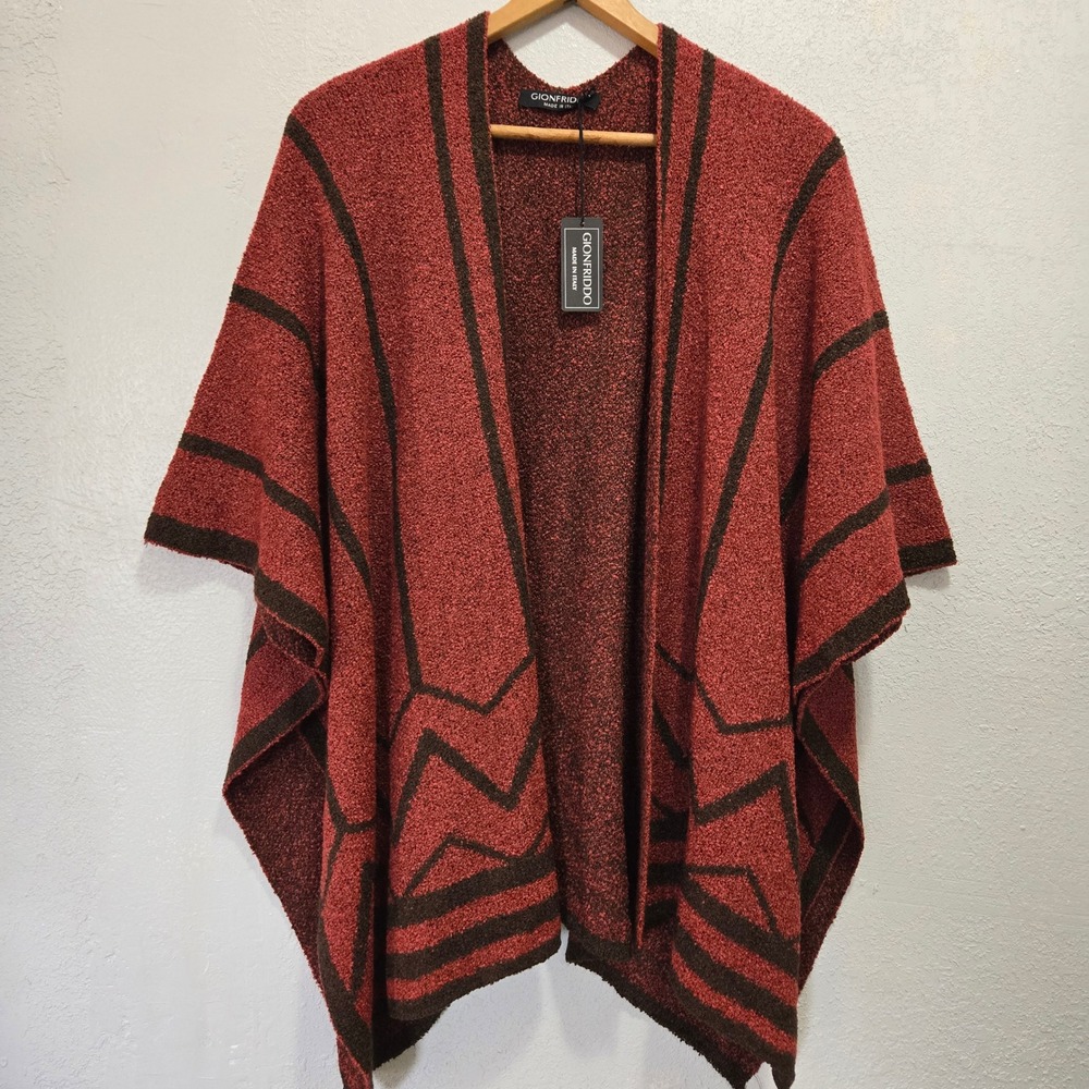 Gionfriddo Italian Duomo Cardigan Red Geometric Boucle Poncho Wrap OS NWT